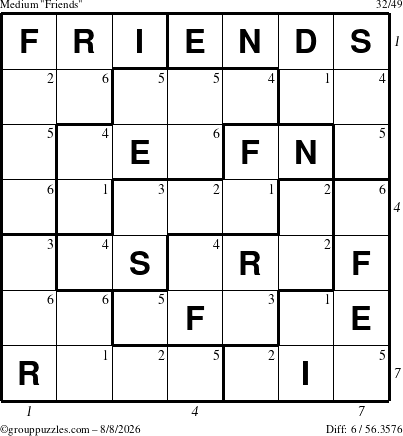 The grouppuzzles.com Medium Friends puzzle for Saturday August 8, 2026 with all 6 steps marked
