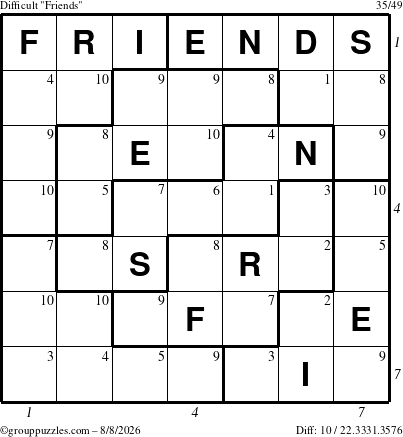 The grouppuzzles.com Difficult Friends puzzle for Saturday August 8, 2026, suitable for printing, with all 10 steps marked