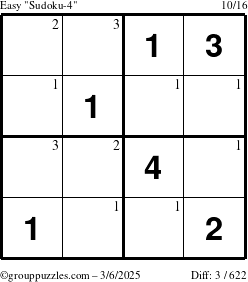 The grouppuzzles.com Easy Sudoku-4 puzzle for Thursday March 6, 2025 with the first 3 steps marked