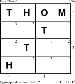 The grouppuzzles.com Easy Thom puzzle for Thursday March 6, 2025, suitable for printing, with all 3 steps marked