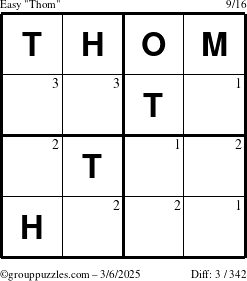 The grouppuzzles.com Easy Thom puzzle for Thursday March 6, 2025 with the first 3 steps marked