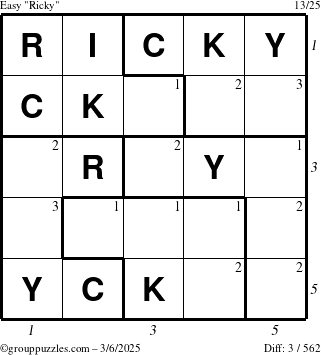 The grouppuzzles.com Easy Ricky puzzle for Thursday March 6, 2025 with all 3 steps marked