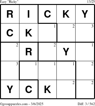 The grouppuzzles.com Easy Ricky puzzle for Thursday March 6, 2025 with the first 3 steps marked