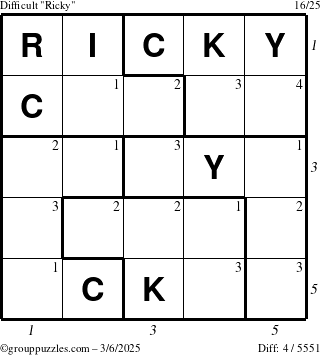 The grouppuzzles.com Difficult Ricky puzzle for Thursday March 6, 2025 with all 4 steps marked