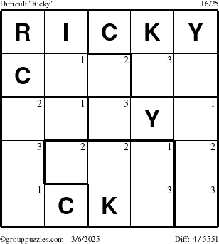 The grouppuzzles.com Difficult Ricky puzzle for Thursday March 6, 2025 with the first 3 steps marked