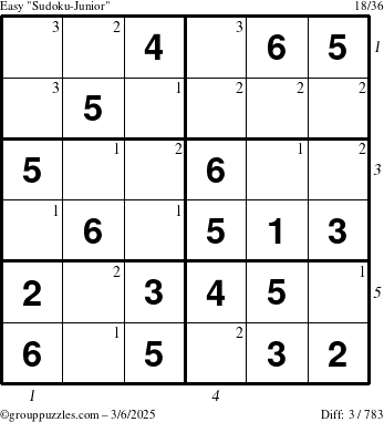 The grouppuzzles.com Easy Sudoku-Junior puzzle for Thursday March 6, 2025 with all 3 steps marked