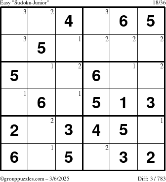 The grouppuzzles.com Easy Sudoku-Junior puzzle for Thursday March 6, 2025 with the first 3 steps marked