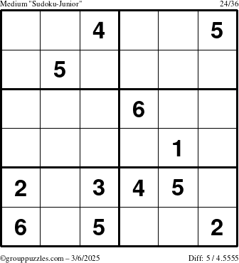 The grouppuzzles.com Medium Sudoku-Junior puzzle for Thursday March 6, 2025