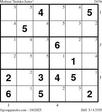 The grouppuzzles.com Medium Sudoku-Junior puzzle for Thursday March 6, 2025 with all 5 steps marked