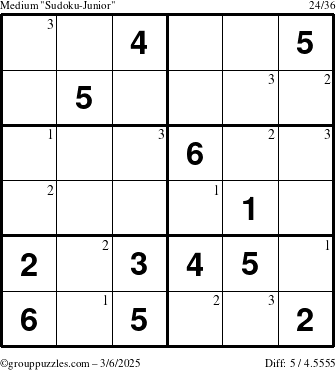 The grouppuzzles.com Medium Sudoku-Junior puzzle for Thursday March 6, 2025 with the first 3 steps marked