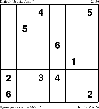 The grouppuzzles.com Difficult Sudoku-Junior puzzle for Thursday March 6, 2025