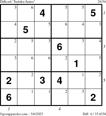 The grouppuzzles.com Difficult Sudoku-Junior puzzle for Thursday March 6, 2025 with all 6 steps marked