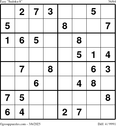 The grouppuzzles.com Easy Sudoku-8 puzzle for Thursday March 6, 2025