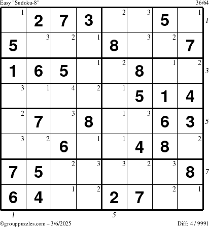 The grouppuzzles.com Easy Sudoku-8 puzzle for Thursday March 6, 2025, suitable for printing, with all 4 steps marked