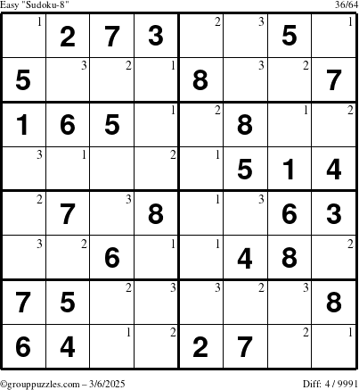 The grouppuzzles.com Easy Sudoku-8 puzzle for Thursday March 6, 2025 with the first 3 steps marked