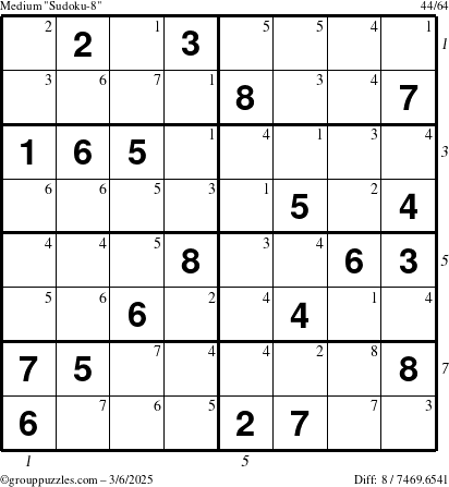 The grouppuzzles.com Medium Sudoku-8 puzzle for Thursday March 6, 2025 with all 8 steps marked