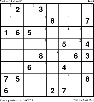 The grouppuzzles.com Medium Sudoku-8 puzzle for Thursday March 6, 2025 with the first 3 steps marked