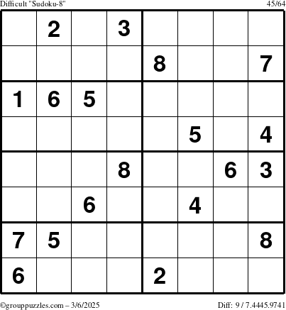 The grouppuzzles.com Difficult Sudoku-8 puzzle for Thursday March 6, 2025