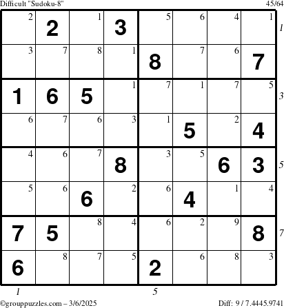 The grouppuzzles.com Difficult Sudoku-8 puzzle for Thursday March 6, 2025 with all 9 steps marked