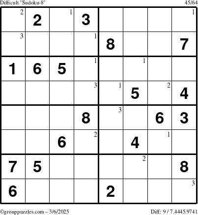 The grouppuzzles.com Difficult Sudoku-8 puzzle for Thursday March 6, 2025 with the first 3 steps marked