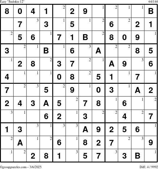 The grouppuzzles.com Easy Sudoku-12 puzzle for Thursday March 6, 2025 with the first 3 steps marked