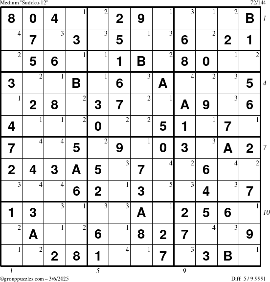 The grouppuzzles.com Medium Sudoku-12 puzzle for Thursday March 6, 2025 with all 5 steps marked