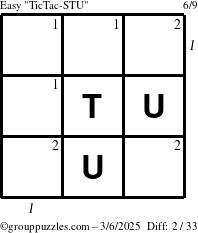 The grouppuzzles.com Easy TicTac-STU puzzle for Thursday March 6, 2025, suitable for printing, with all 2 steps marked