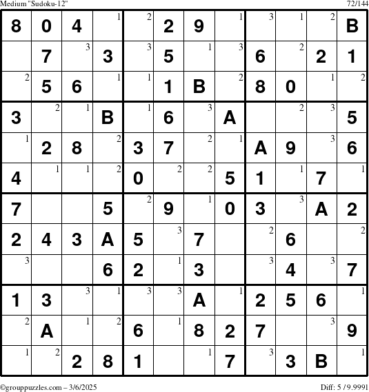 The grouppuzzles.com Medium Sudoku-12 puzzle for Thursday March 6, 2025 with the first 3 steps marked