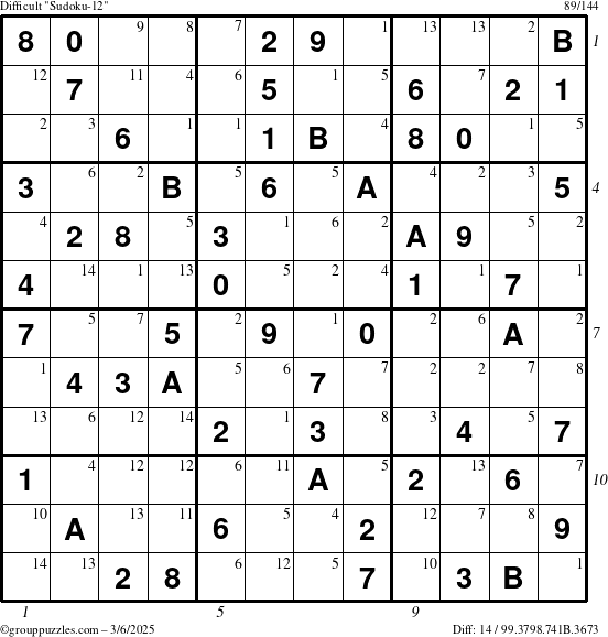 The grouppuzzles.com Difficult Sudoku-12 puzzle for Thursday March 6, 2025 with all 14 steps marked