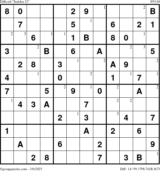 The grouppuzzles.com Difficult Sudoku-12 puzzle for Thursday March 6, 2025 with the first 3 steps marked