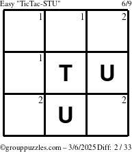 The grouppuzzles.com Easy TicTac-STU puzzle for Thursday March 6, 2025 with the first 2 steps marked