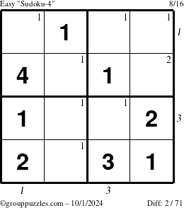 The grouppuzzles.com Easy Sudoku-4 puzzle for Tuesday October 1, 2024 with all 2 steps marked