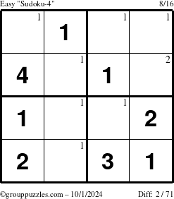 The grouppuzzles.com Easy Sudoku-4 puzzle for Tuesday October 1, 2024 with the first 2 steps marked