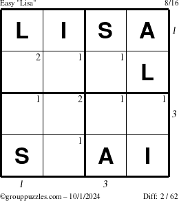 The grouppuzzles.com Easy Lisa puzzle for Tuesday October 1, 2024 with all 2 steps marked