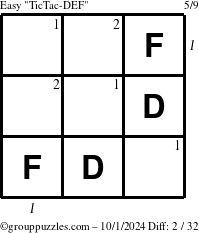 The grouppuzzles.com Easy TicTac-DEF puzzle for Tuesday October 1, 2024 with all 2 steps marked