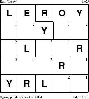 The grouppuzzles.com Easy Leroy puzzle for Tuesday October 1, 2024 with the first 3 steps marked