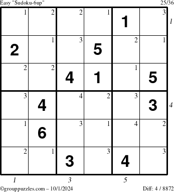 The grouppuzzles.com Easy Sudoku-6up puzzle for Tuesday October 1, 2024 with all 4 steps marked