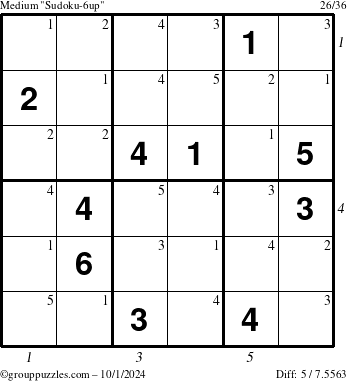 The grouppuzzles.com Medium Sudoku-6up puzzle for Tuesday October 1, 2024 with all 5 steps marked