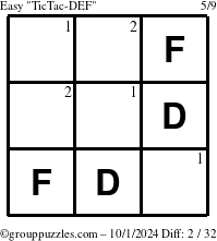 The grouppuzzles.com Easy TicTac-DEF puzzle for Tuesday October 1, 2024 with the first 2 steps marked