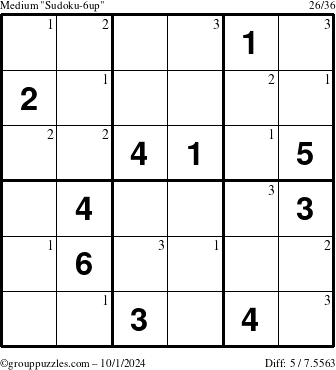 The grouppuzzles.com Medium Sudoku-6up puzzle for Tuesday October 1, 2024 with the first 3 steps marked