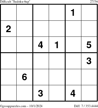 The grouppuzzles.com Difficult Sudoku-6up puzzle for Tuesday October 1, 2024