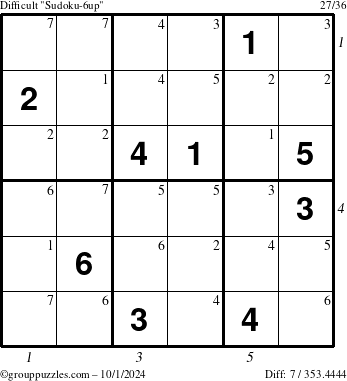 The grouppuzzles.com Difficult Sudoku-6up puzzle for Tuesday October 1, 2024 with all 7 steps marked