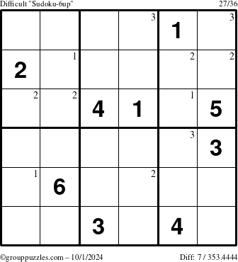 The grouppuzzles.com Difficult Sudoku-6up puzzle for Tuesday October 1, 2024 with the first 3 steps marked