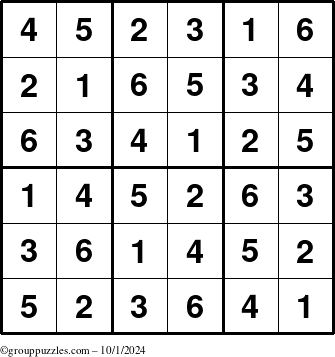 The grouppuzzles.com Answer grid for the Sudoku-6up puzzle for Tuesday October 1, 2024