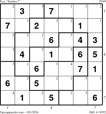 The grouppuzzles.com Easy Sudoku-7 puzzle for Tuesday October 1, 2024 with all 4 steps marked