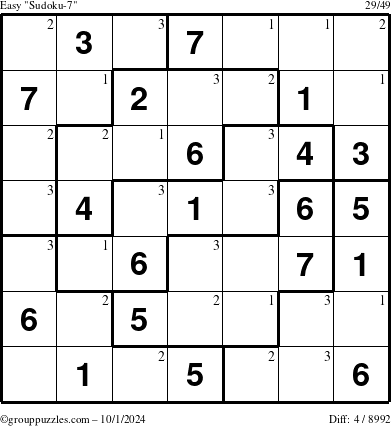 The grouppuzzles.com Easy Sudoku-7 puzzle for Tuesday October 1, 2024 with the first 3 steps marked