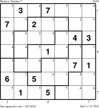 The grouppuzzles.com Medium Sudoku-7 puzzle for Tuesday October 1, 2024, suitable for printing, with all 6 steps marked