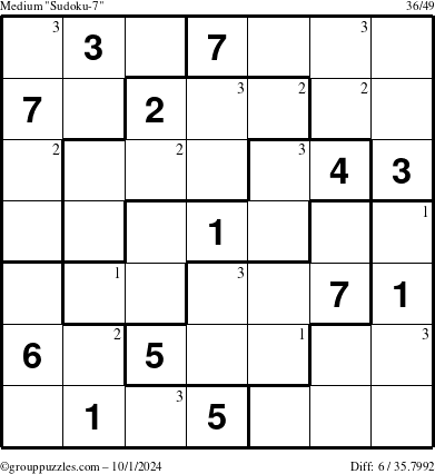 The grouppuzzles.com Medium Sudoku-7 puzzle for Tuesday October 1, 2024 with the first 3 steps marked