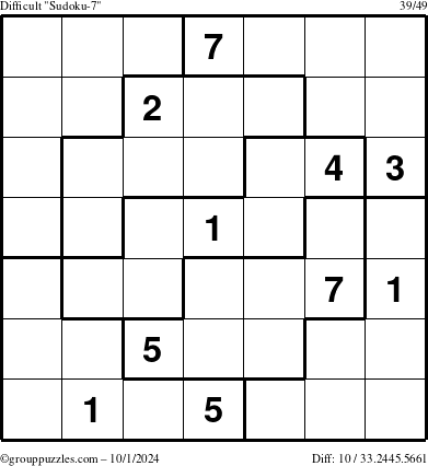 The grouppuzzles.com Difficult Sudoku-7 puzzle for Tuesday October 1, 2024