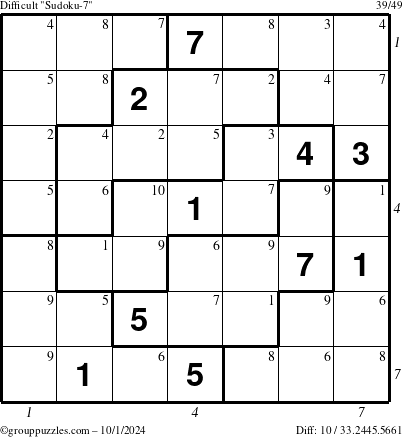 The grouppuzzles.com Difficult Sudoku-7 puzzle for Tuesday October 1, 2024 with all 10 steps marked